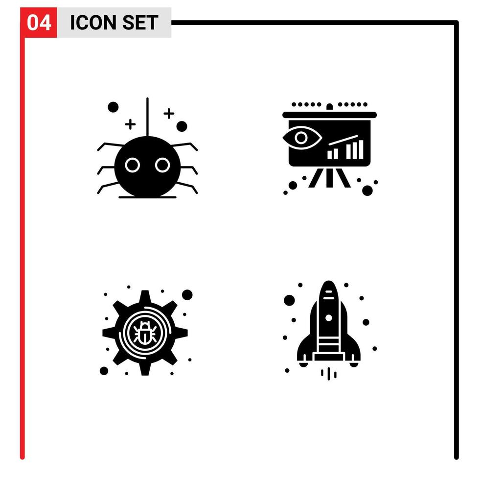 Solid Glyph Pack of 4 Universal Symbols of bug hacker spider insight flame Editable Vector Design Elements