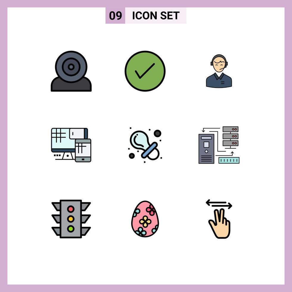 Pack of 9 Modern Filledline Flat Colors Signs and Symbols for Web Print Media such as computer online consultant okay man consulting Editable Vector Design Elements