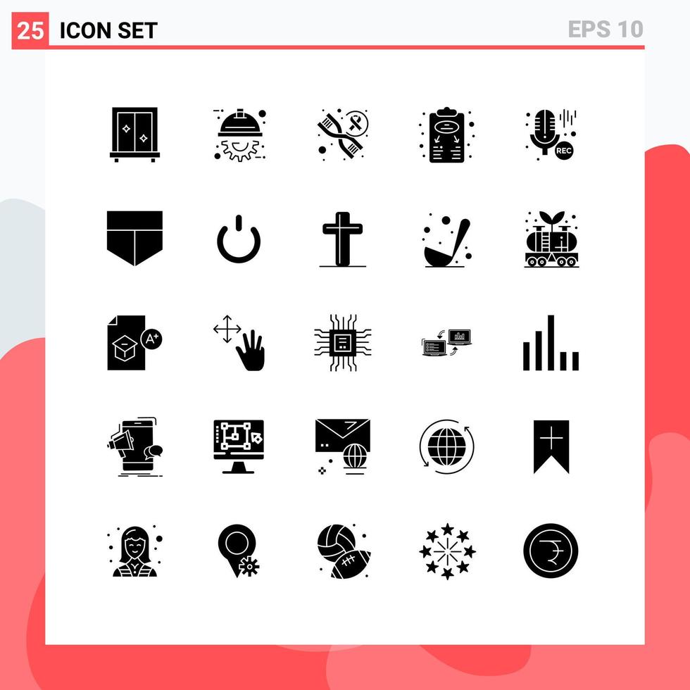 25 Universal Solid Glyph Signs Symbols of microphone scheme dna planning business strategy Editable Vector Design Elements