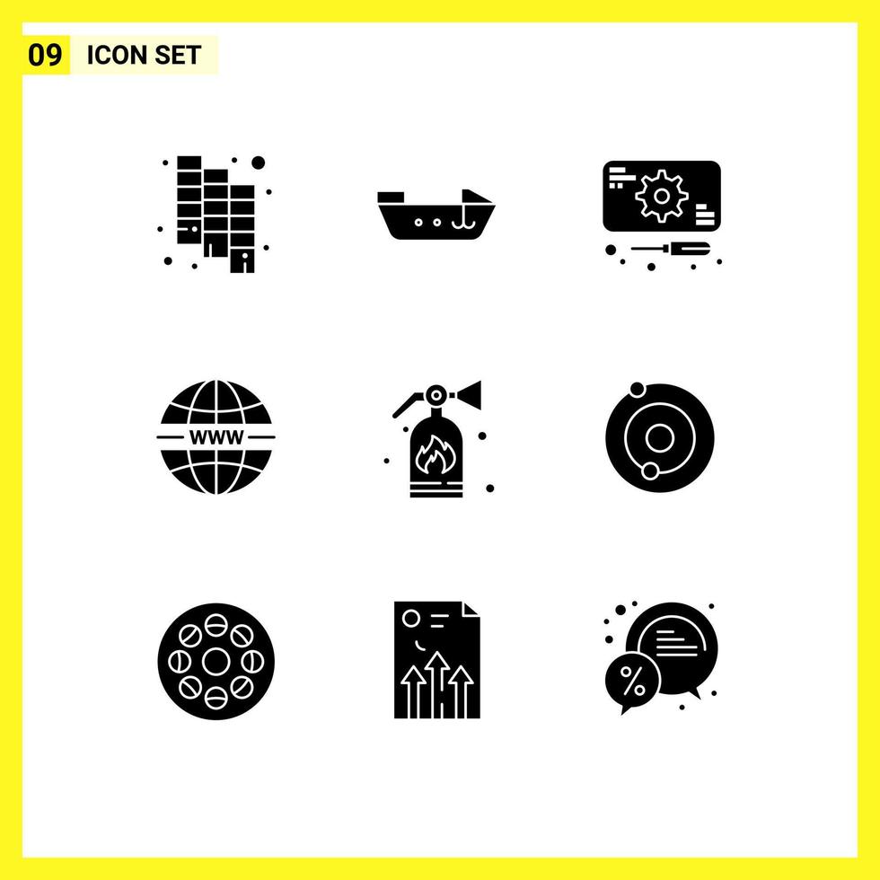 User Interface Pack of 9 Basic Solid Glyphs of solar fire repairs extinguisher system Editable Vector Design Elements