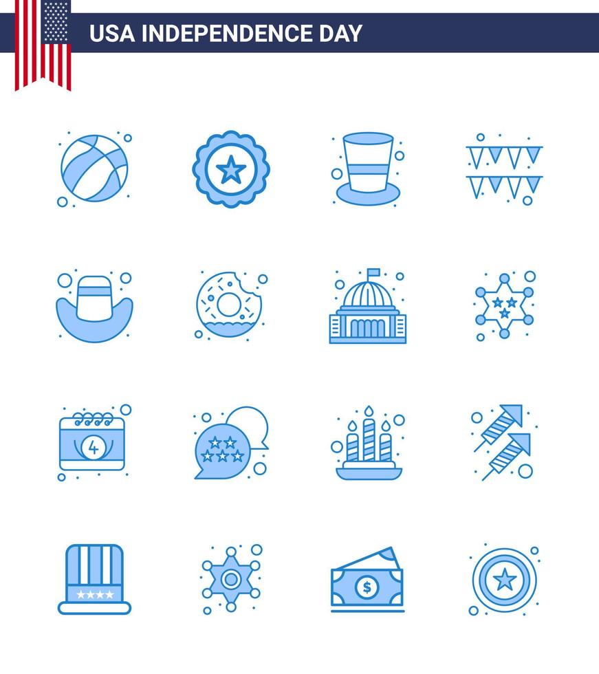 grupo de 16 blues establecidos para el día de la independencia de los estados unidos de américa, como hat american american paper festival editable usa day elementos de diseño vectorial vector