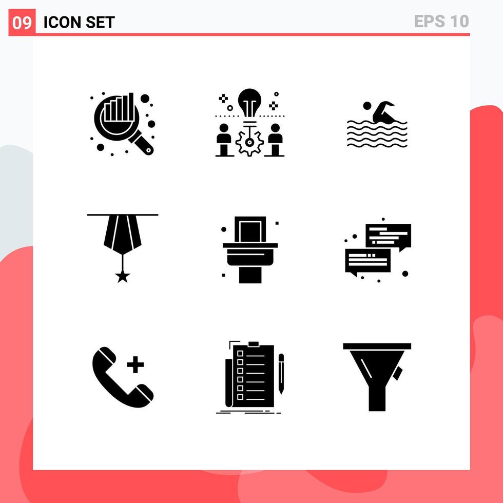 Universal Icon Symbols Group of 9 Modern Solid Glyphs of medal decoration setting badge swimming Editable Vector Design Elements