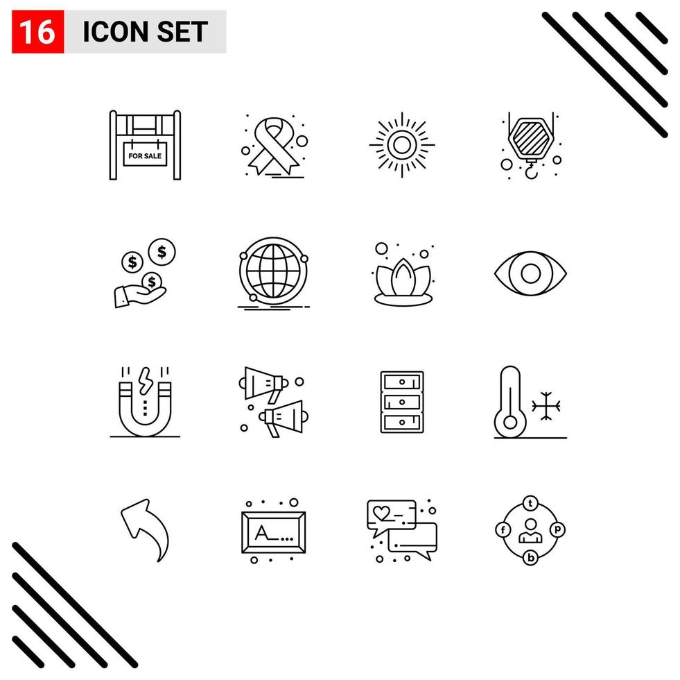 16 Thematic Vector Outlines and Editable Symbols of data dollar sunny hand hook Editable Vector Design Elements