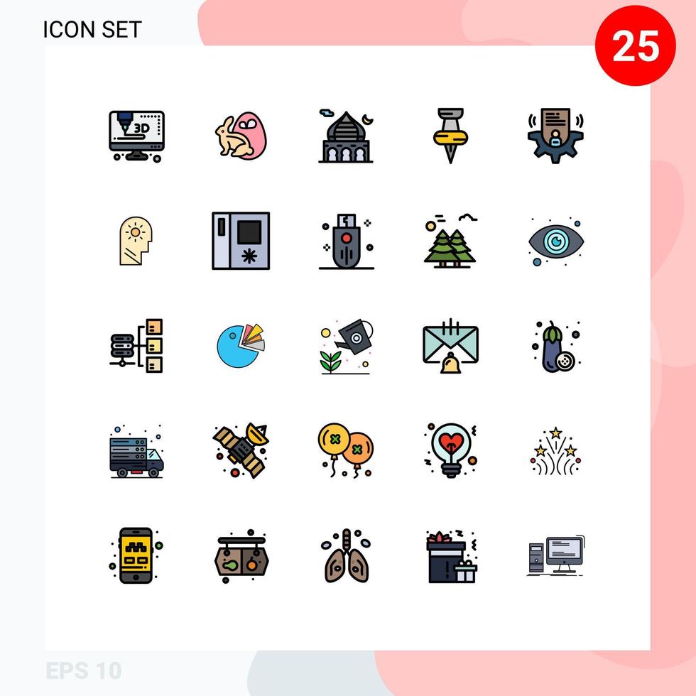 paquete de 25 signos y símbolos modernos de colores planos de línea rellena para medios de impresión web, como elementos de diseño de vectores editables con pasador de configuración islámica de usuario de tarjeta