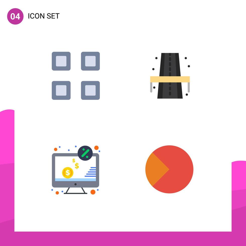 Paquete de iconos planos de 4 interfaces de usuario de signos y símbolos modernos de elementos de diseño vectorial editables del monitor de la vista del dólar de la cuadrícula vector