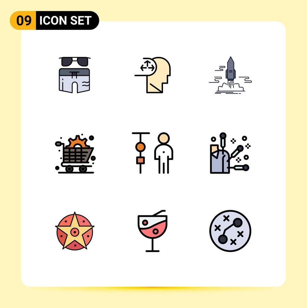 Group of 9 Filledline Flat Colors Signs and Symbols for gear commerce human art shuttle Editable Vector Design Elements