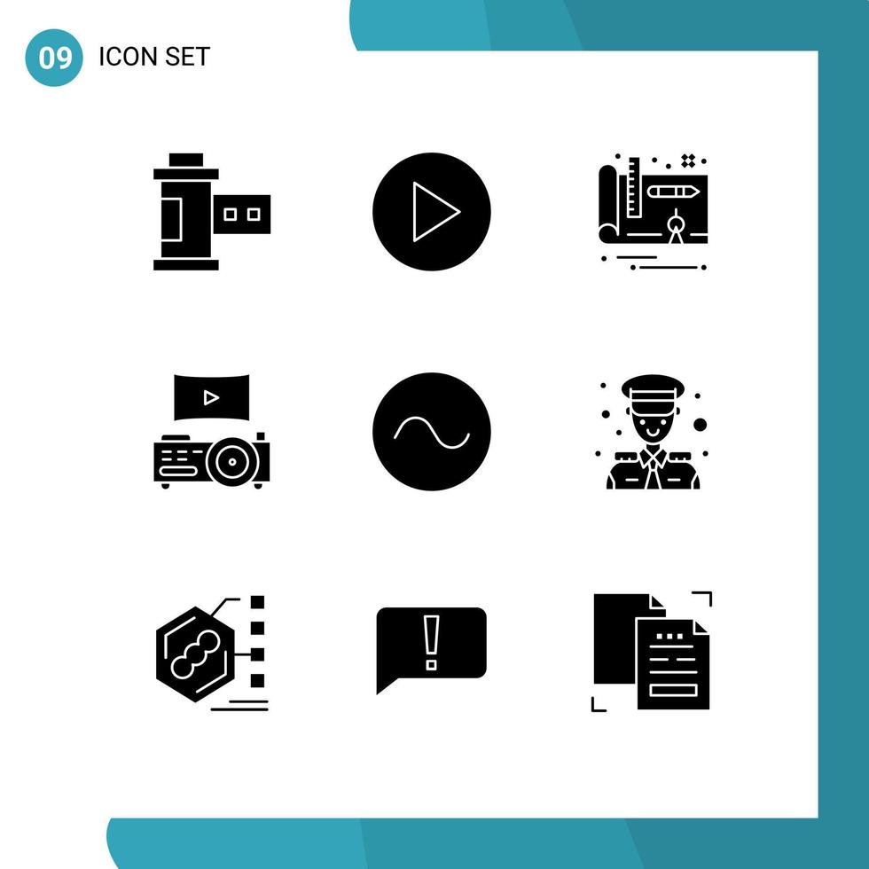 Mobile Interface Solid Glyph Set of 9 Pictograms of captain captain plan wave sine Editable Vector Design Elements