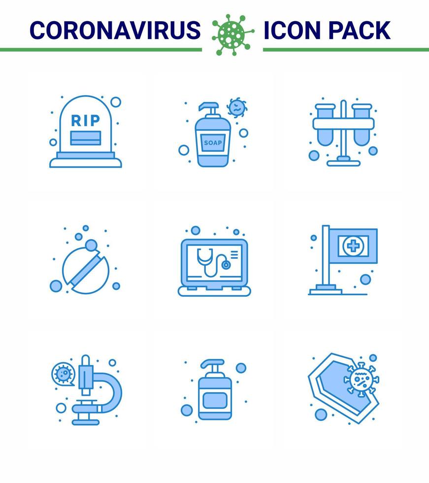 9 Blue Coronavirus Covid19 Icon pack such as check tablets test pills tubes viral coronavirus 2019nov disease Vector Design Elements