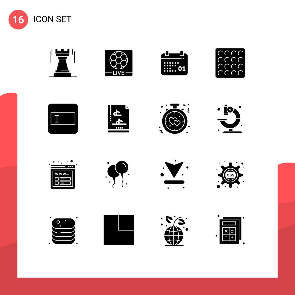 Modern Set of 16 Solid Glyphs Pictograph of layout waffle football wafer day Editable Vector Design Elements