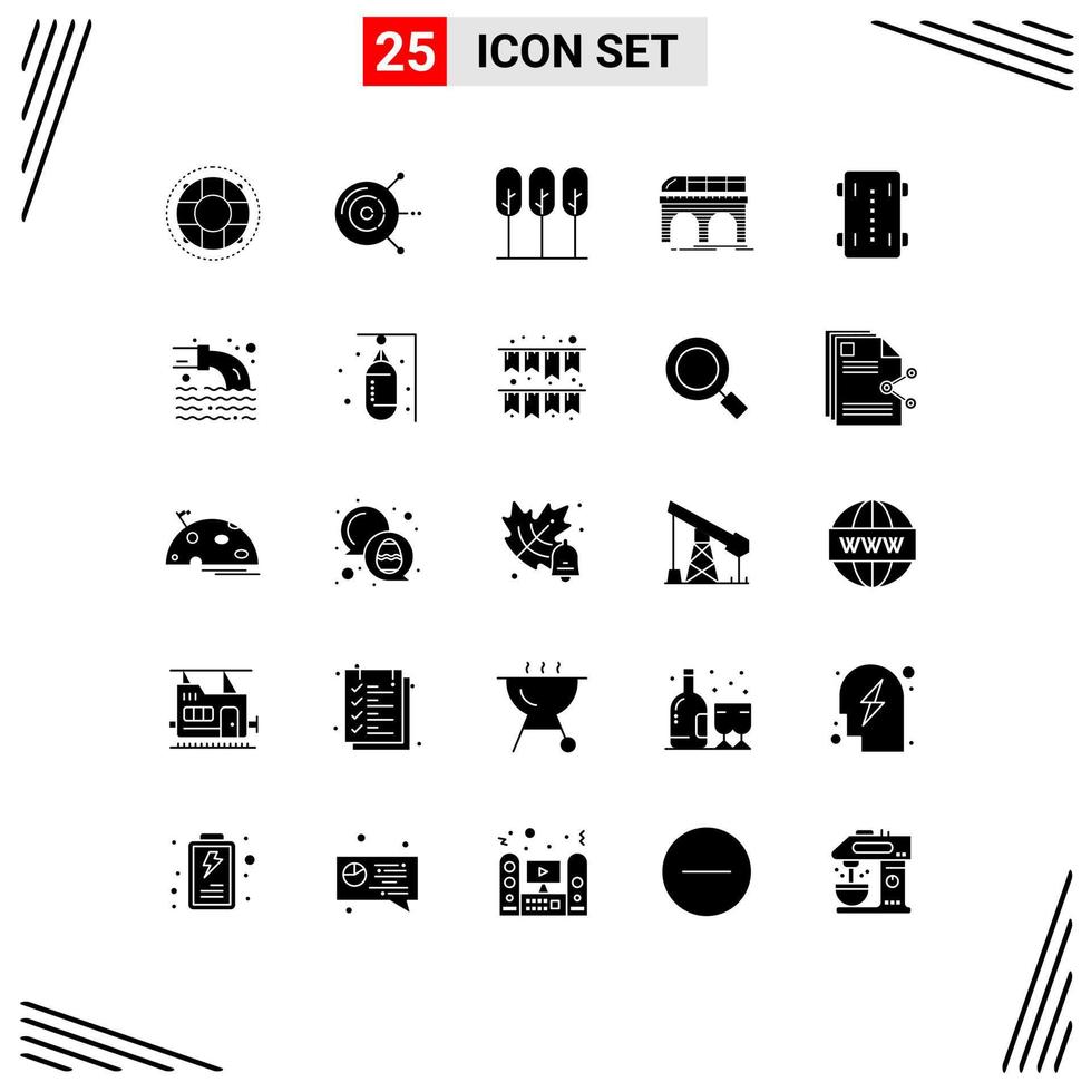Mobile Interface Solid Glyph Set of 25 Pictograms of transport railway hard drive disk railroad trees Editable Vector Design Elements