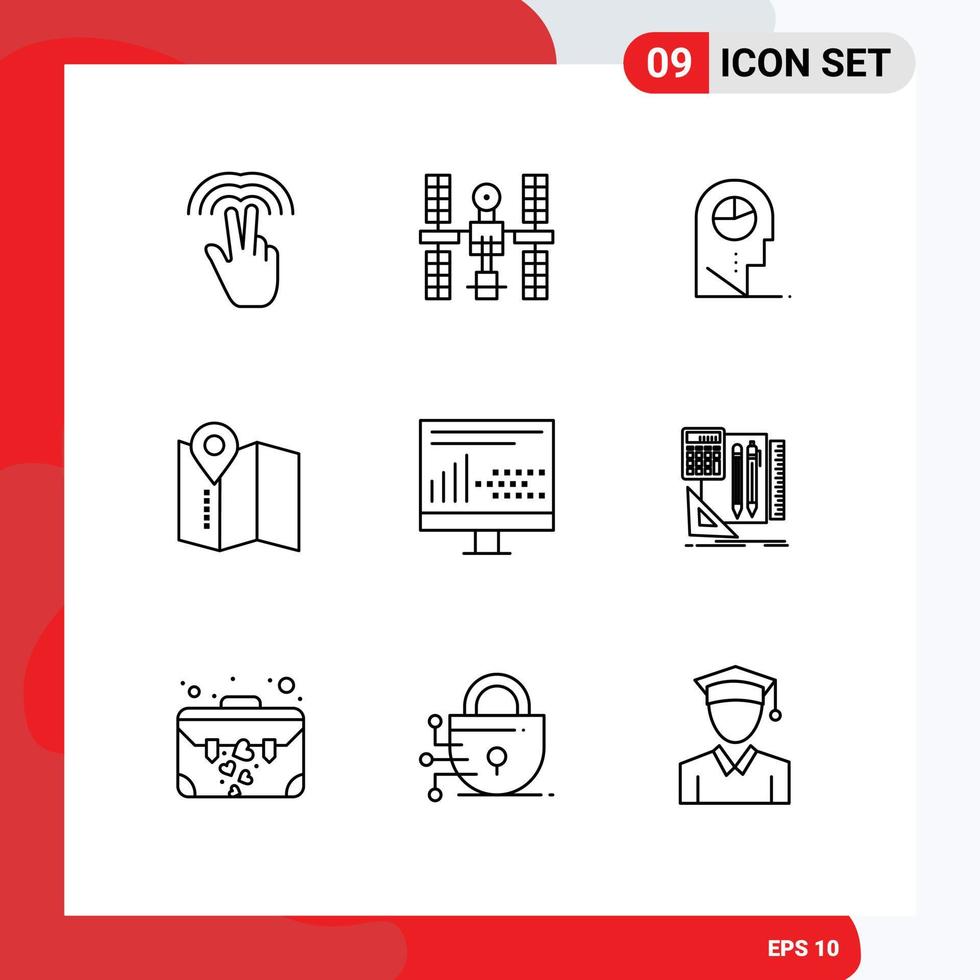 Mobile Interface Outline Set of 9 Pictograms of design service space map hat Editable Vector Design Elements