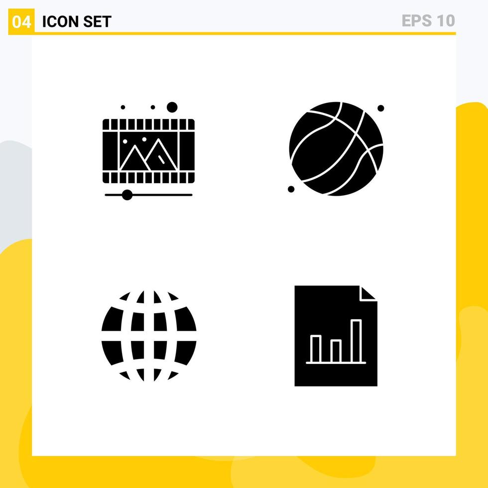 paquete de 4 signos y símbolos de glifos sólidos modernos para medios de impresión web, como reproducir elementos de diseño de vectores editables de Internet padre de carrete global