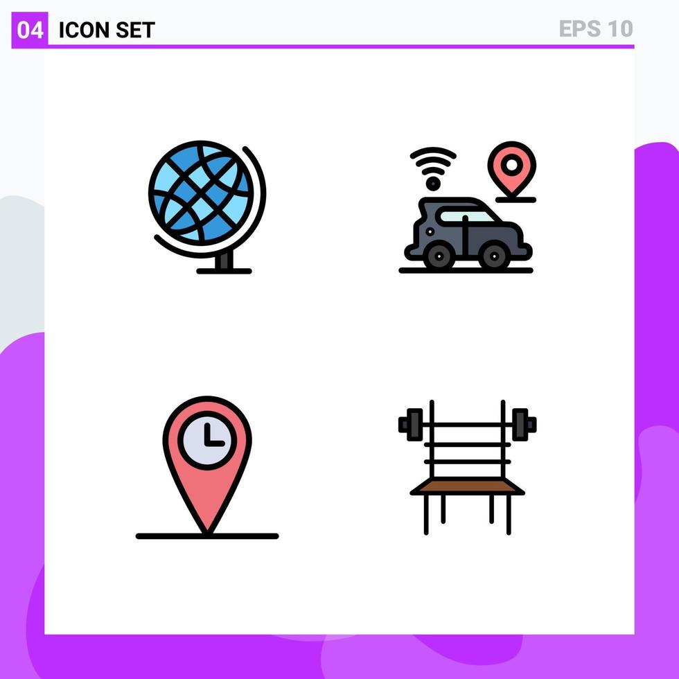 Pack of 4 Modern Filledline Flat Colors Signs and Symbols for Web Print Media such as earth time car technology dumbbell Editable Vector Design Elements