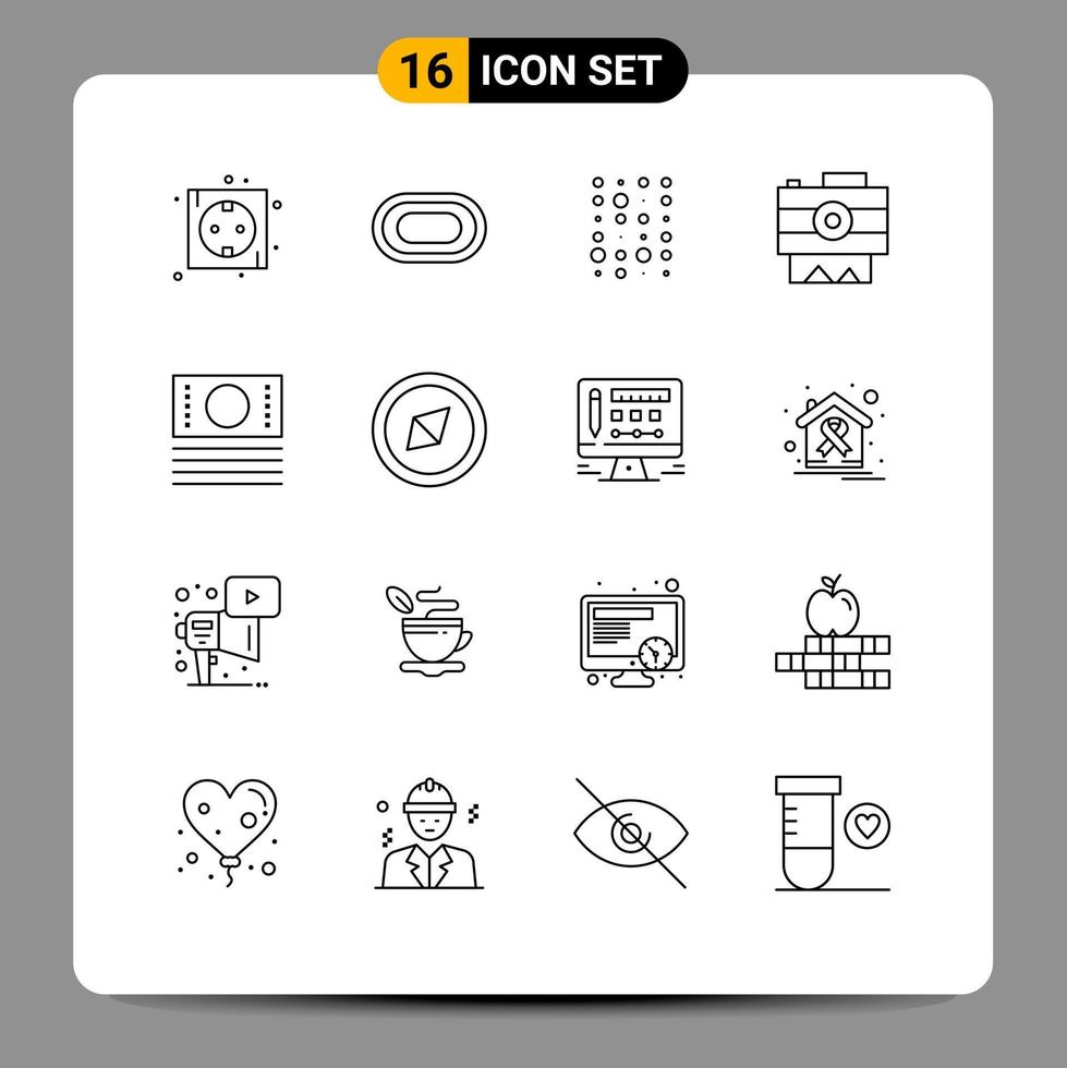 Mobile Interface Outline Set of 16 Pictograms of cash cam sport photography scince Editable Vector Design Elements