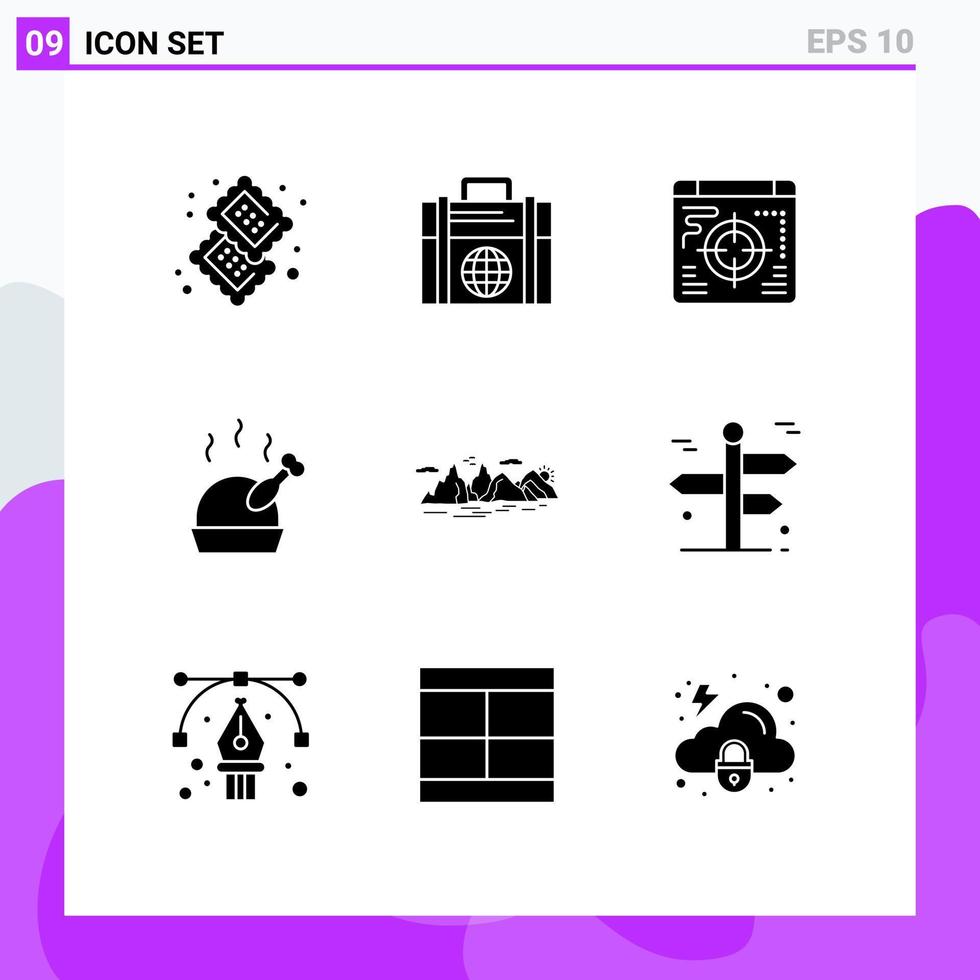 Set of 9 Modern UI Icons Symbols Signs for landscape mountain globe roast turkey Editable Vector Design Elements