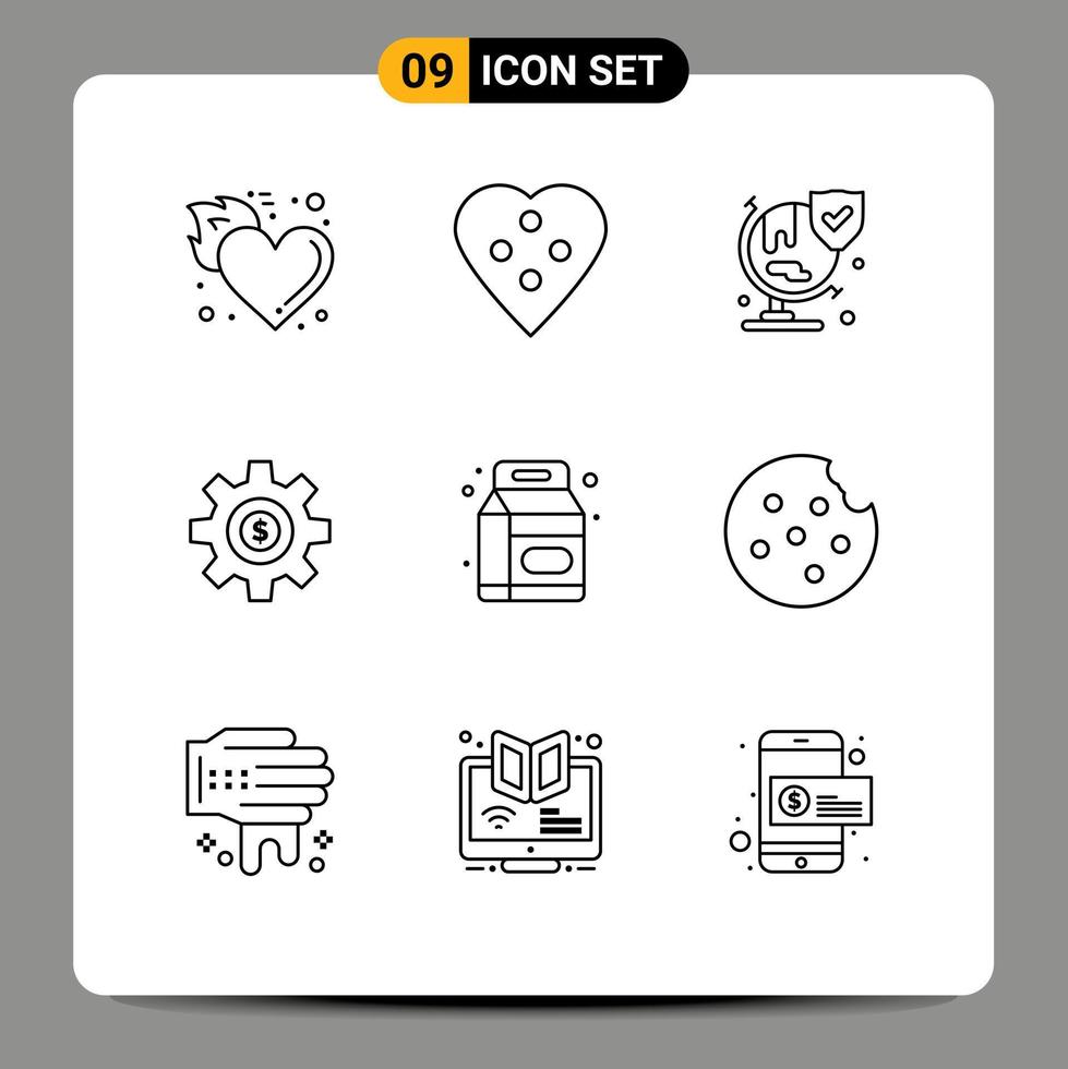 9 Thematic Vector Outlines and Editable Symbols of dollar wheel heart button cog security Editable Vector Design Elements