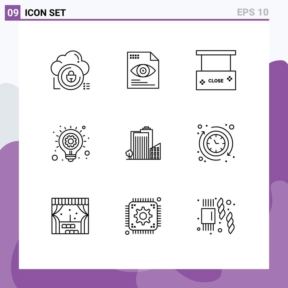 Universal Icon Symbols Group of 9 Modern Outlines of building light computing idea close salon Editable Vector Design Elements