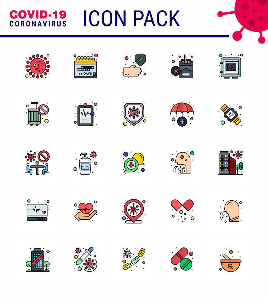 25 Flat Color Filled Line Coronavirus Covid19 Icon pack such as locker smoking schedule no safe viral coronavirus 2019nov disease Vector Design Elements