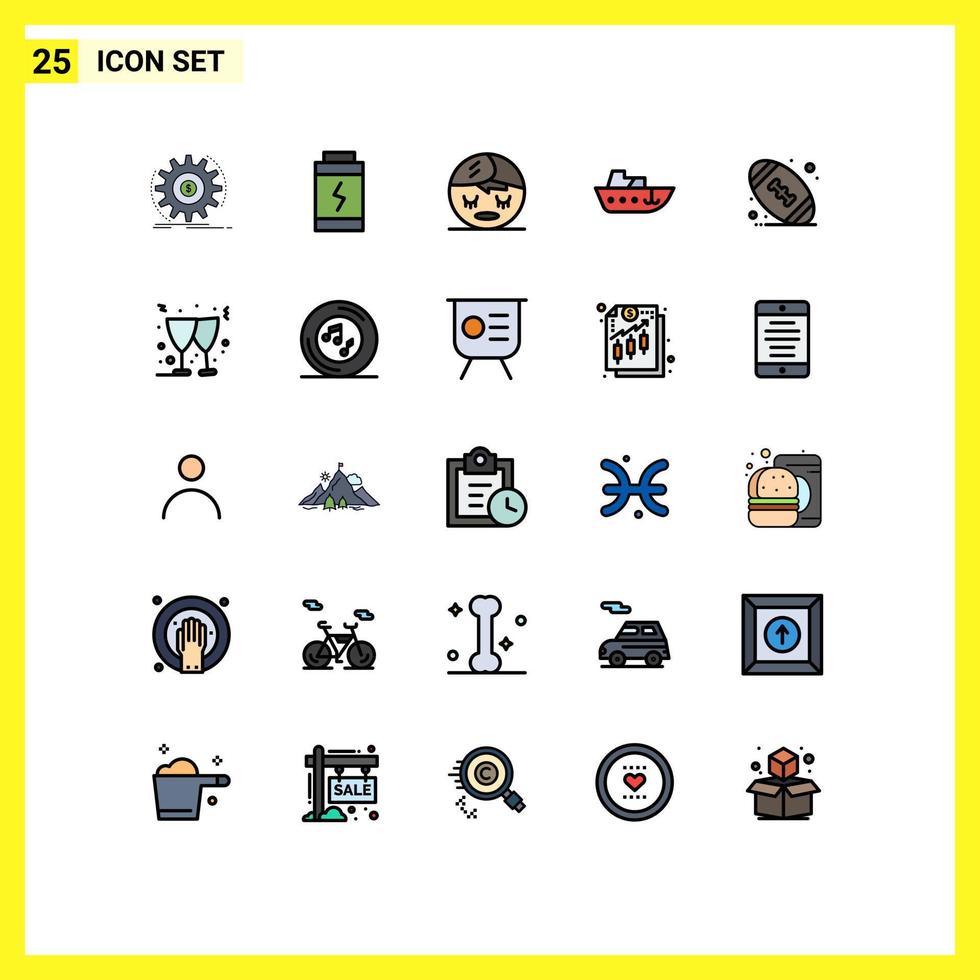 Pack of 25 creative Filled line Flat Colors of football american spa yacht speed Editable Vector Design Elements
