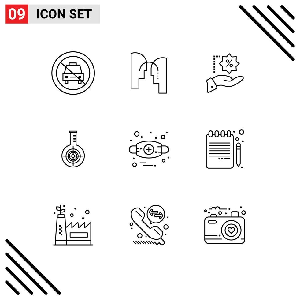 Universal Icon Symbols Group of 9 Modern Outlines of target reaction transfer flask shopping Editable Vector Design Elements