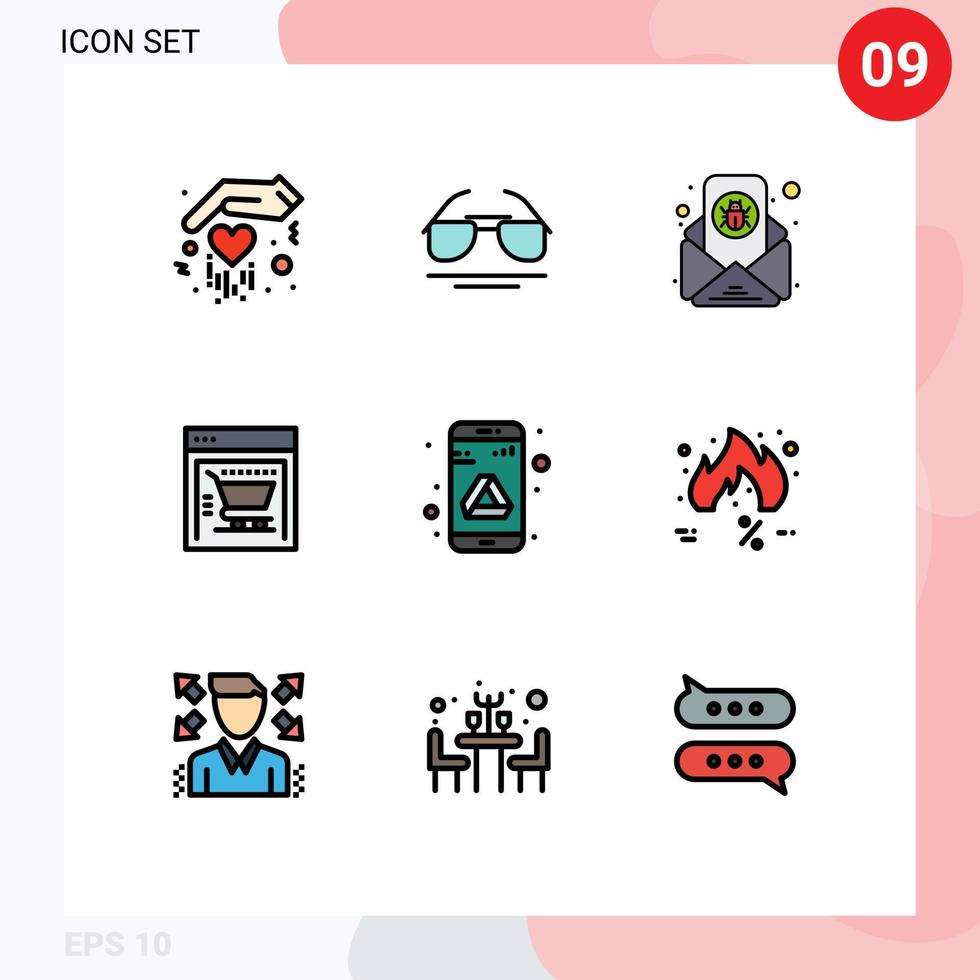 Universal Icon Symbols Group of 9 Modern Filledline Flat Colors of storage drive email app shopping cart Editable Vector Design Elements