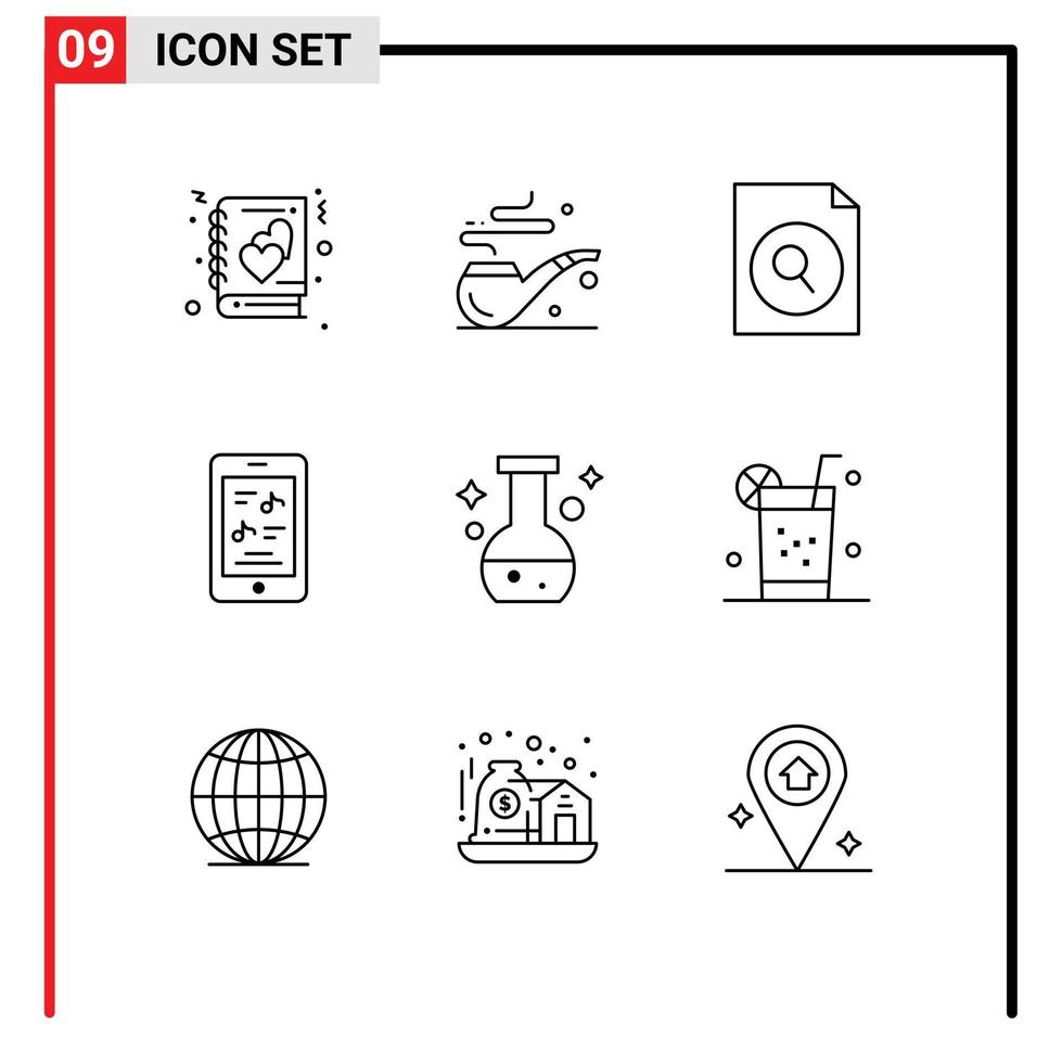 Pack of 9 Modern Outlines Signs and Symbols for Web Print Media such as test flask file tube music Editable Vector Design Elements