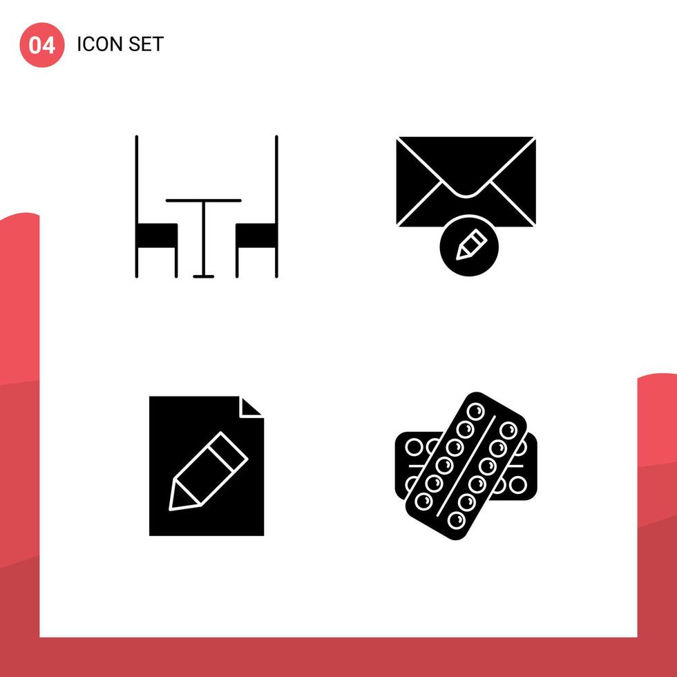 conjunto moderno de 4 glifos y símbolos sólidos, como medicamentos para cenar, documentos de correo, medicamentos, elementos de diseño de vectores editables