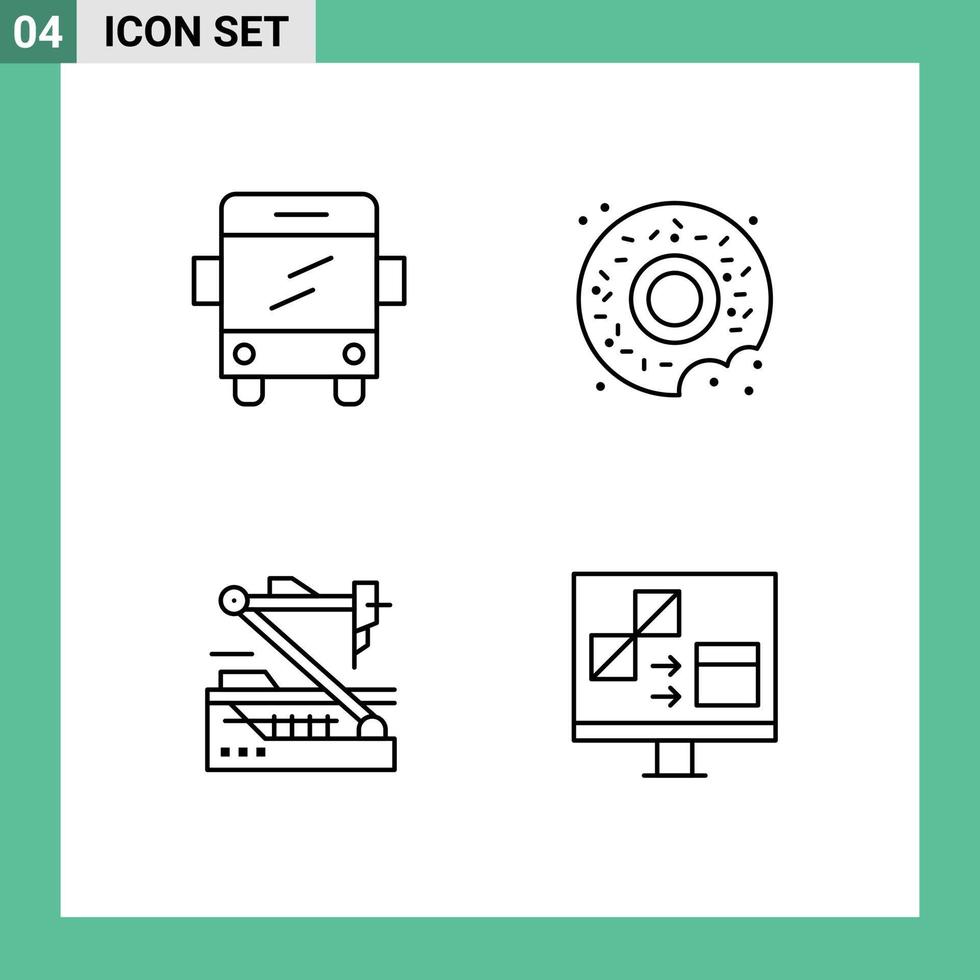 Mobile Interface Line Set of 4 Pictograms of bus robot donut future app Editable Vector Design Elements