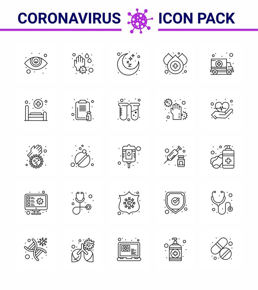 25 line coronavirus epidemic icon pack suck as transport car night ambulance drop viral coronavirus 2019nov disease Vector Design Elements