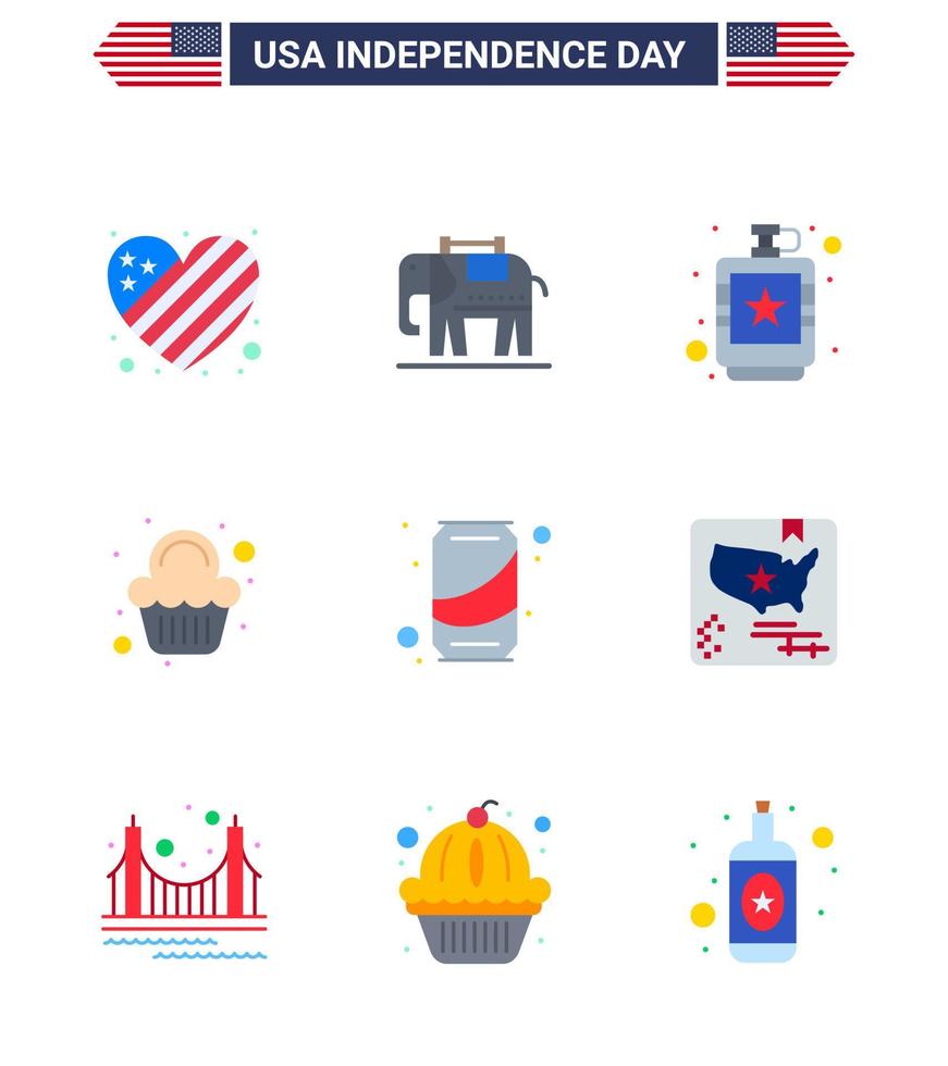 Editable Vector Line Pack of USA Day 9 Simple Flats of can celebration drink sweet cake Editable USA Day Vector Design Elements