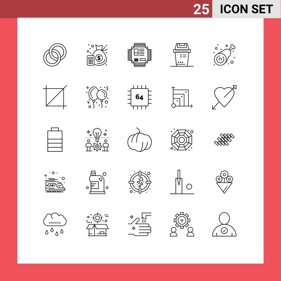 25 Thematic Vector Lines and Editable Symbols of drumstick junk chip equipment technology Editable Vector Design Elements