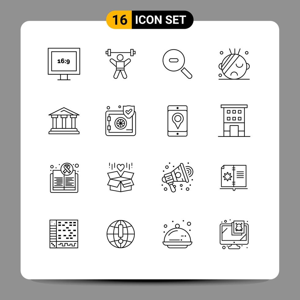 16 User Interface Outline Pack of modern Signs and Symbols of court city search bank hospital Editable Vector Design Elements