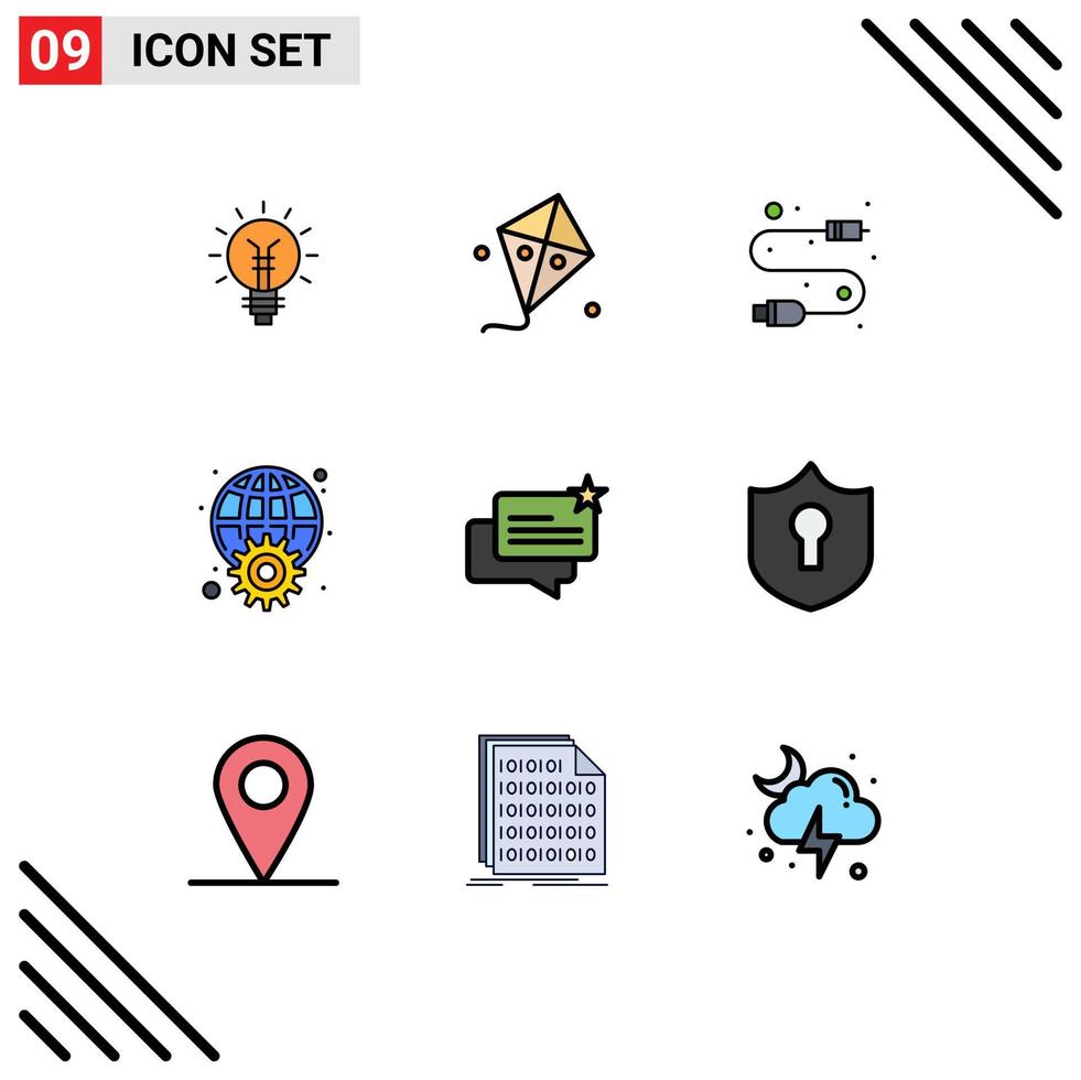 9 User Interface Filledline Flat Color Pack of modern Signs and Symbols of worldwide globe kite gear usb Editable Vector Design Elements