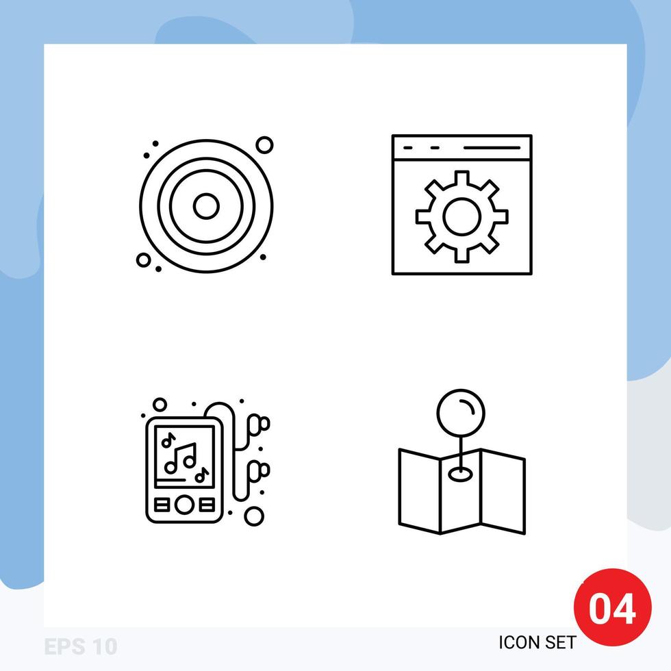 conjunto de pictogramas de 4 colores planos de línea de llenado simple de cd auriculares mapa de desarrollo de video elementos de diseño vectorial editables vector