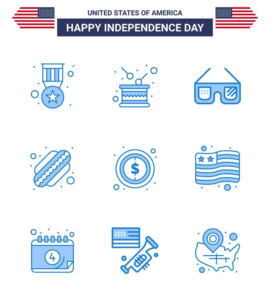 Happy Independence Day Pack of 9 Blues Signs and Symbols for money states independence hotdog usa Editable USA Day Vector Design Elements