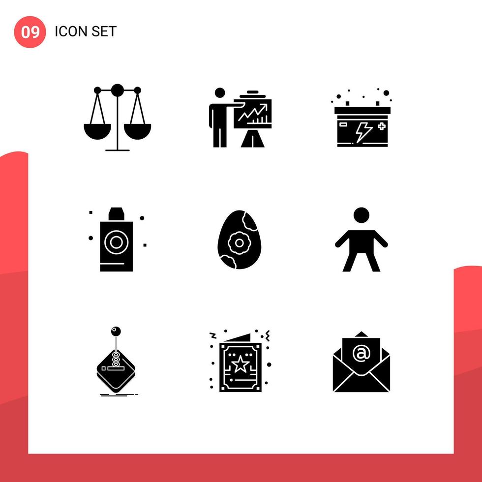 Solid Glyph Pack of 9 Universal Symbols of flower egg accumulator wash bath Editable Vector Design Elements