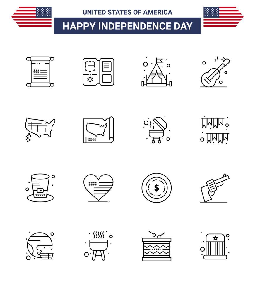 Modern Set of 16 Lines and symbols on USA Independence Day such as united map camp american music Editable USA Day Vector Design Elements
