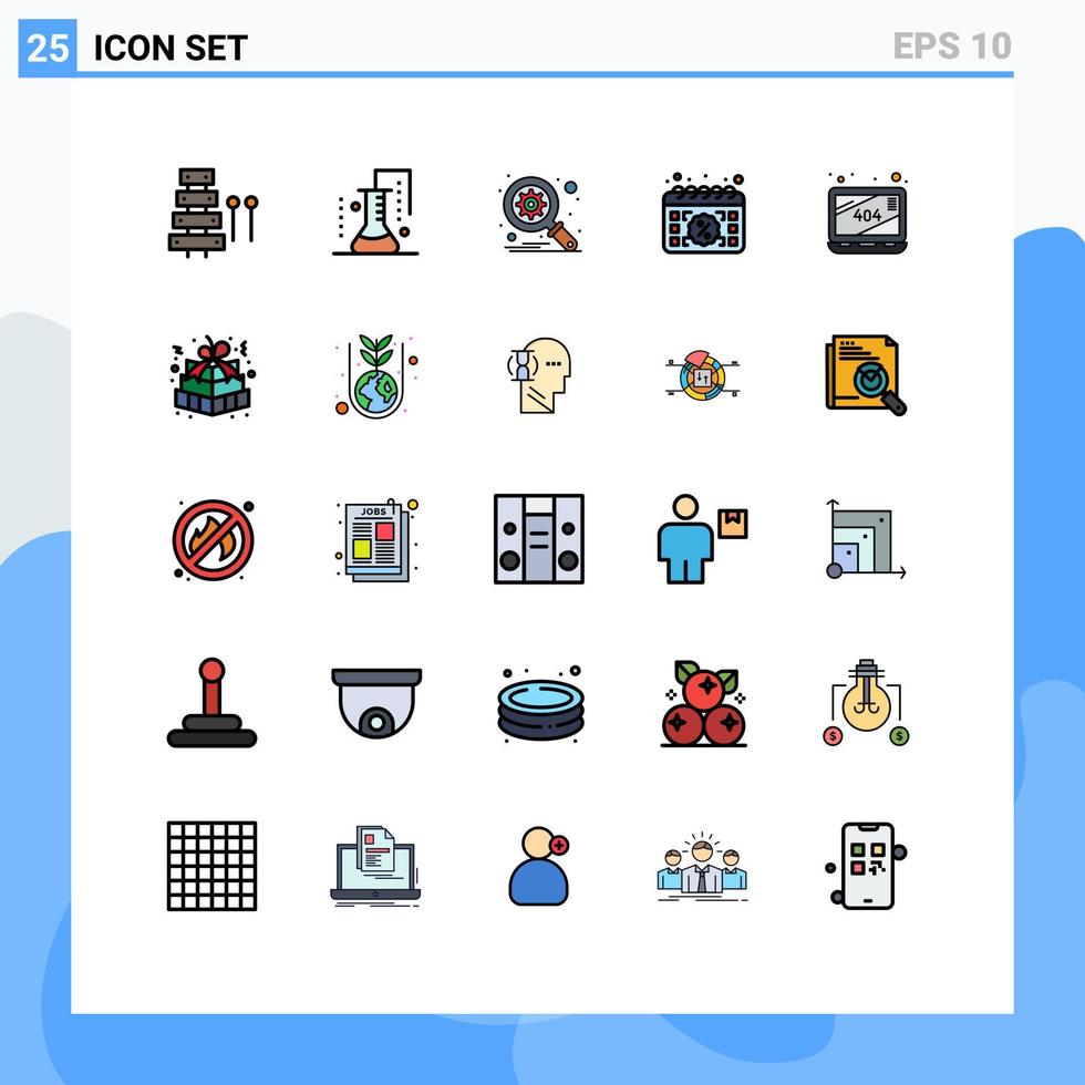 conjunto de color plano de línea llena de interfaz móvil de 25 pictogramas de fecha de venta ciencia de la materia búsqueda de calendario elementos de diseño vectorial editables vector