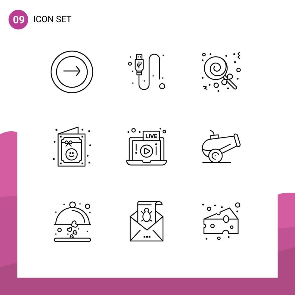 paquete de 9 signos y símbolos de contornos modernos para medios de impresión web, como elementos de diseño de vectores editables de cumpleaños de invitación de cable de fiesta de video