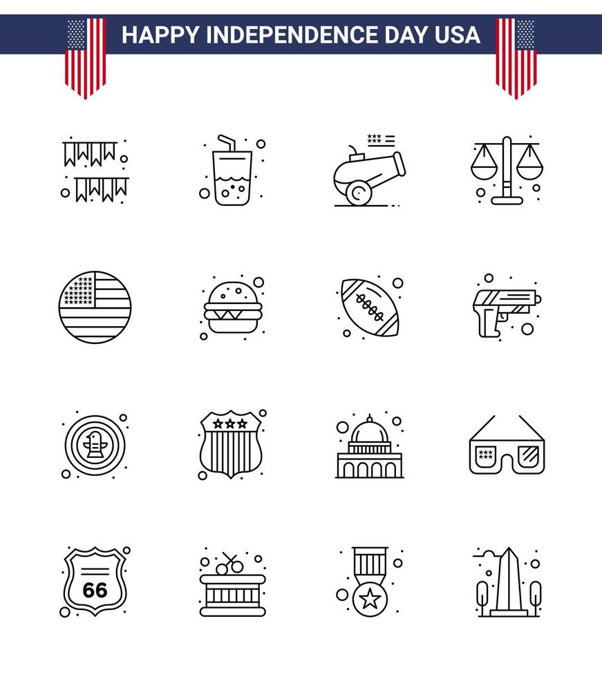 16 iconos creativos de estados unidos signos de independencia modernos y símbolos del 4 de julio de la ley estadounidense mortero de justicia de cola elementos de diseño de vectores editables del día de estados unidos