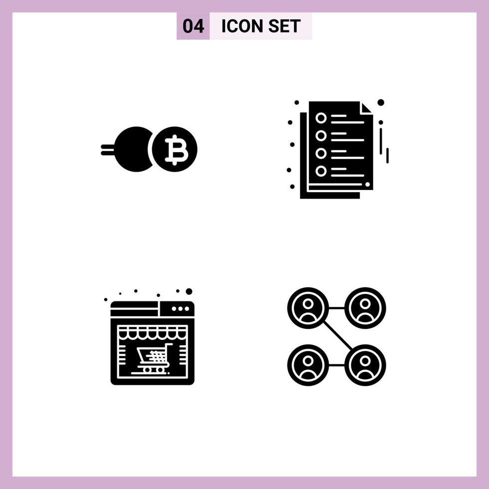 4 Universal Solid Glyphs Set for Web and Mobile Applications eb coin web crypto currency education connections Editable Vector Design Elements