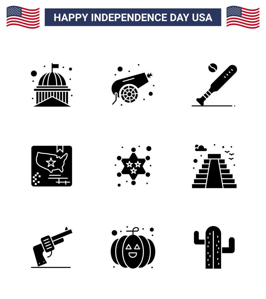 paquete de 9 signos de glifos sólidos de celebración del día de la independencia de EE. UU. Y símbolos del 4 de julio, como el arma de la bandera mundial, deportes estadounidenses, elementos de diseño vectorial editables del día de EE. UU. vector