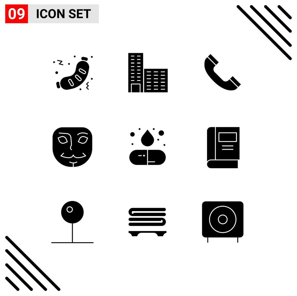 9 Thematic Vector Solid Glyphs and Editable Symbols of medicine drug call capsule face Editable Vector Design Elements