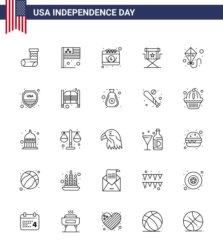 Happy Independence Day 25 Lines Icon Pack for Web and Print kite star american movies chair Editable USA Day Vector Design Elements