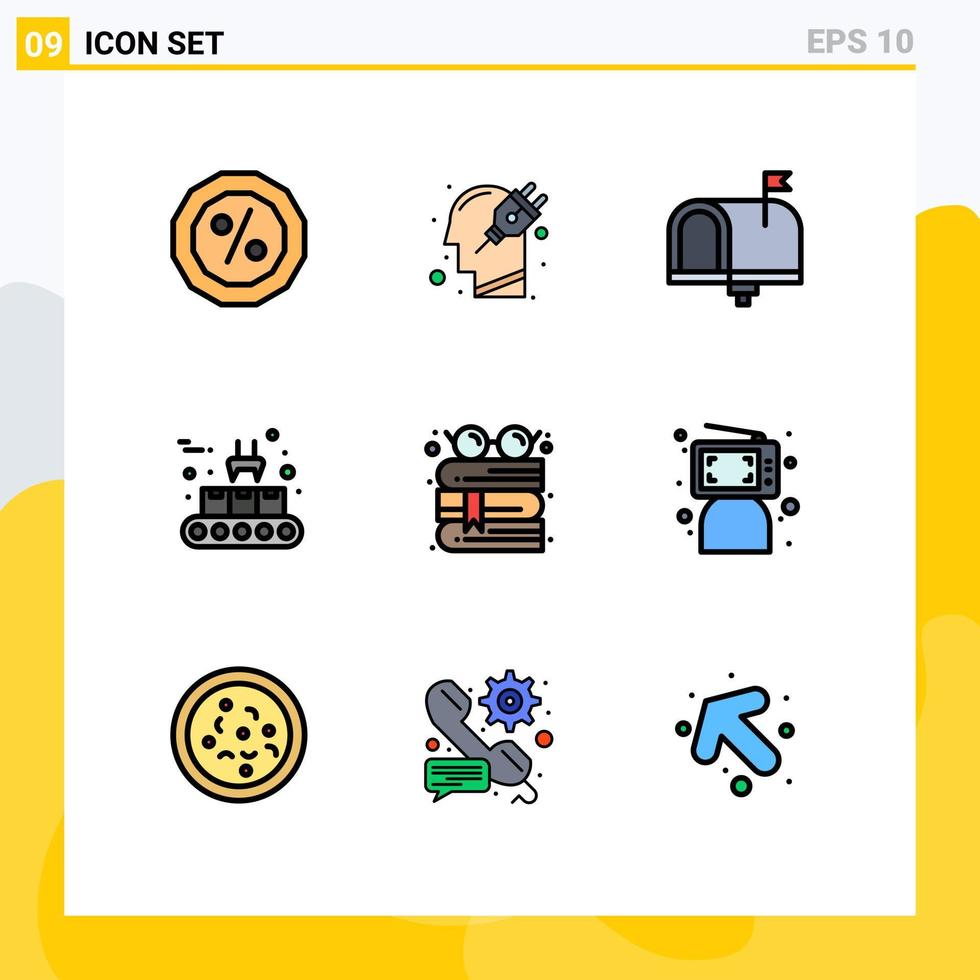 Pictogram Set of 9 Simple Filledline Flat Colors of book production communication conveyor belt in box Editable Vector Design Elements