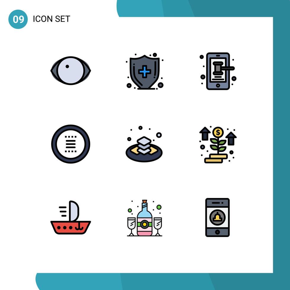 Mobile Interface Filledline Flat Color Set of 9 Pictograms of plate navigation phone menu circle Editable Vector Design Elements