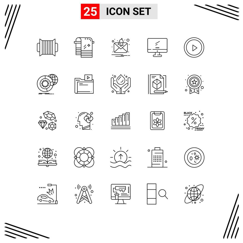Mobile Interface Line Set of 25 Pictograms of play pc alert imac monitor Editable Vector Design Elements