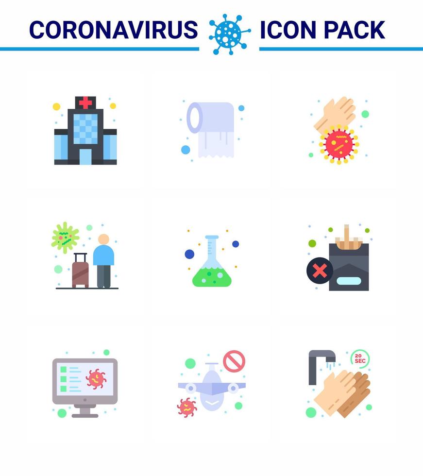 iconos de conciencia de coronavirus 9 icono de color plano relacionado con la gripe del virus de la corona, como la infección de transmisión de bacterias de viaje del matraz, coronavirus viral 2019nov, elementos de diseño de vectores de enfermedad