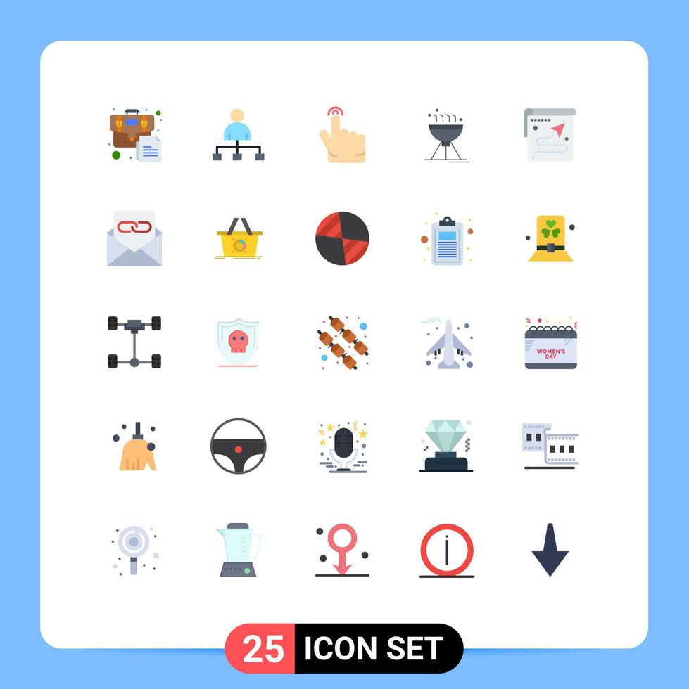 Mobile Interface Flat Color Set of 25 Pictograms of target map double grill camping Editable Vector Design Elements