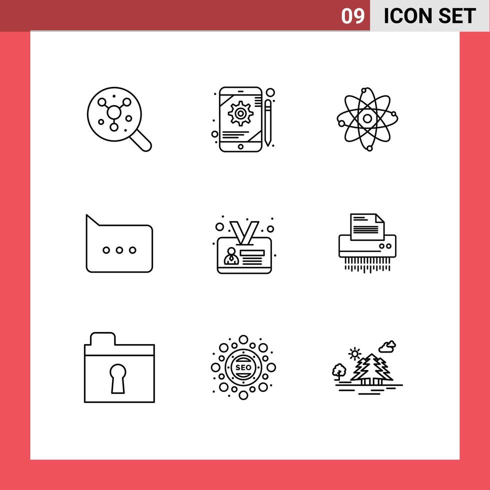 Set of 9 Modern UI Icons Symbols Signs for identity card employee atom comment bubble Editable Vector Design Elements